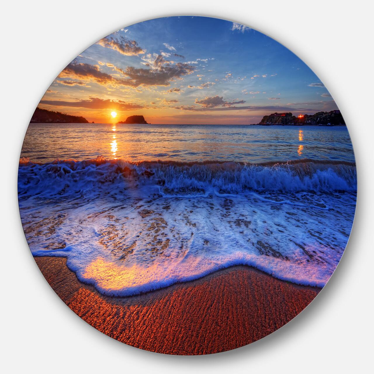 Designart - Blue Waves on Sandy Beach' Seashore Metal Circle Wall Art